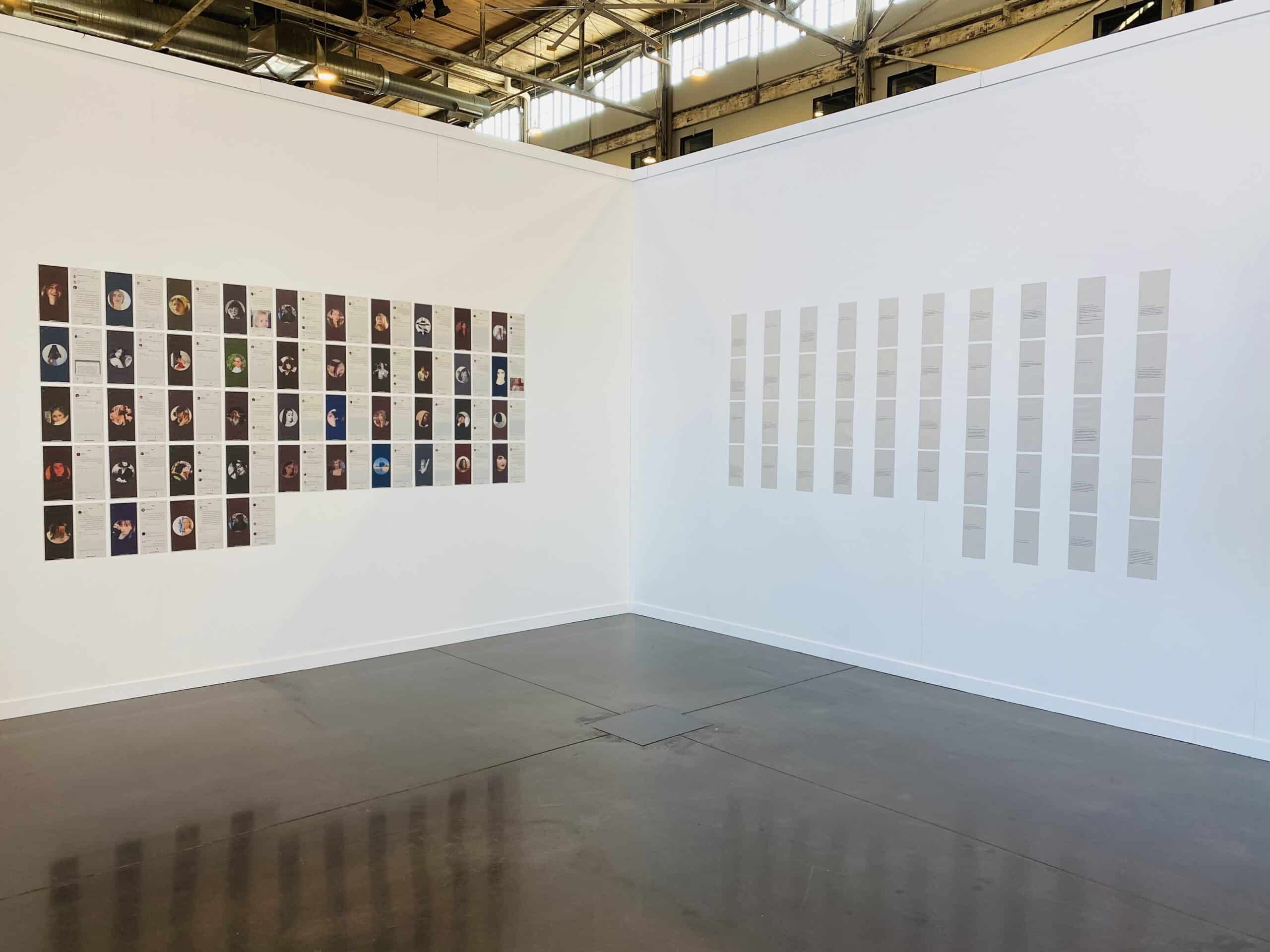 This work is an ongoing archive the artist started to collect in 2019 by screenshot twitter comments of women policing other women on how they suppose to dress. On the facing wall, There are screenshots of the same women's profile pictures of anonymous women dressing in a contradictory way of what they believe.