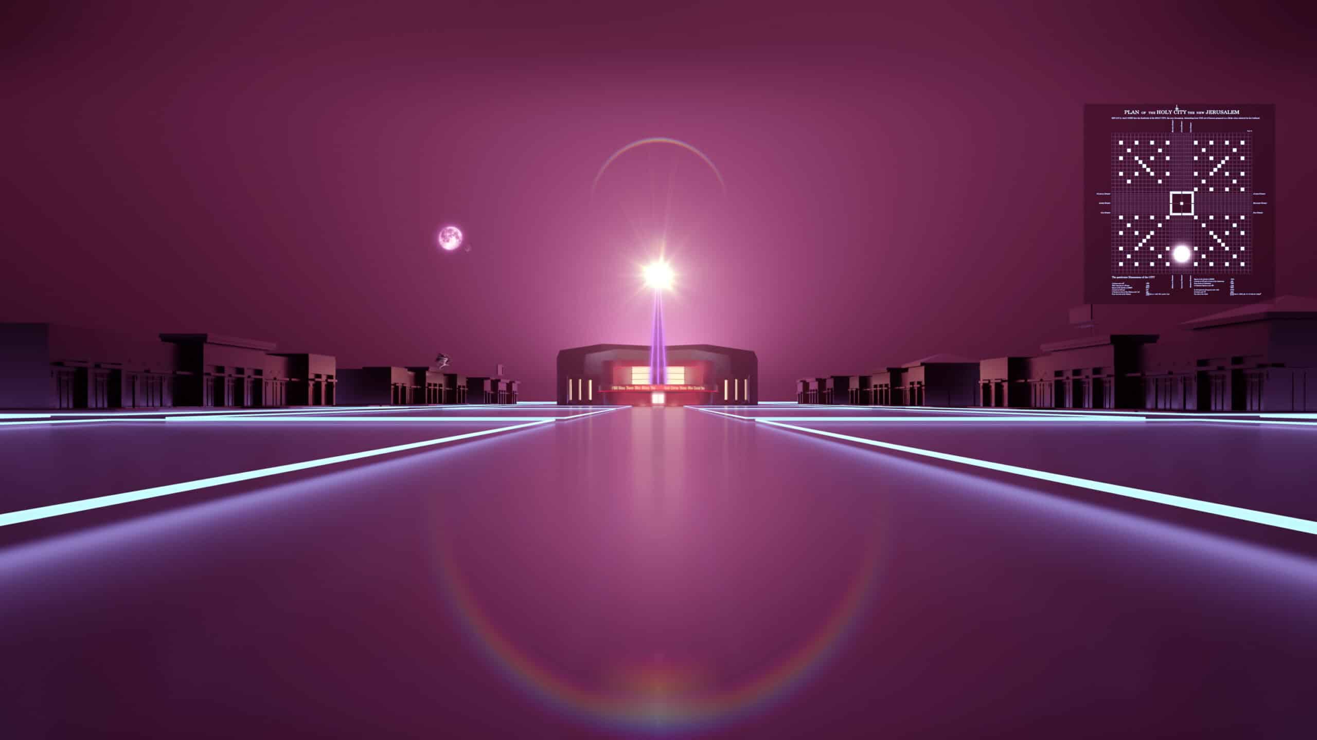 Still from “Uncharting” film, showing a 3D-animated church at the center with a glow of purple light all around.