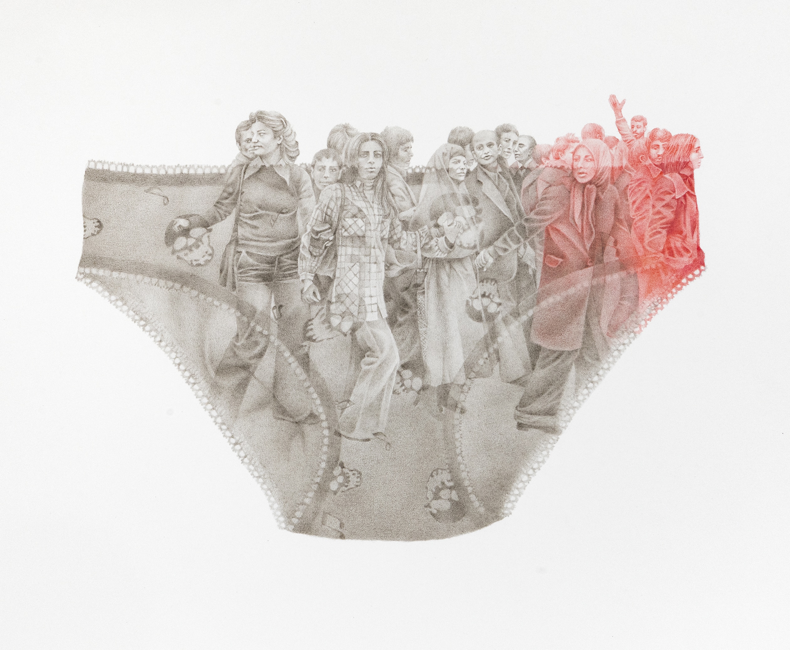 The image in this drawing is based on a photograph of people during the 1979 Islamic revolution in Iran.
