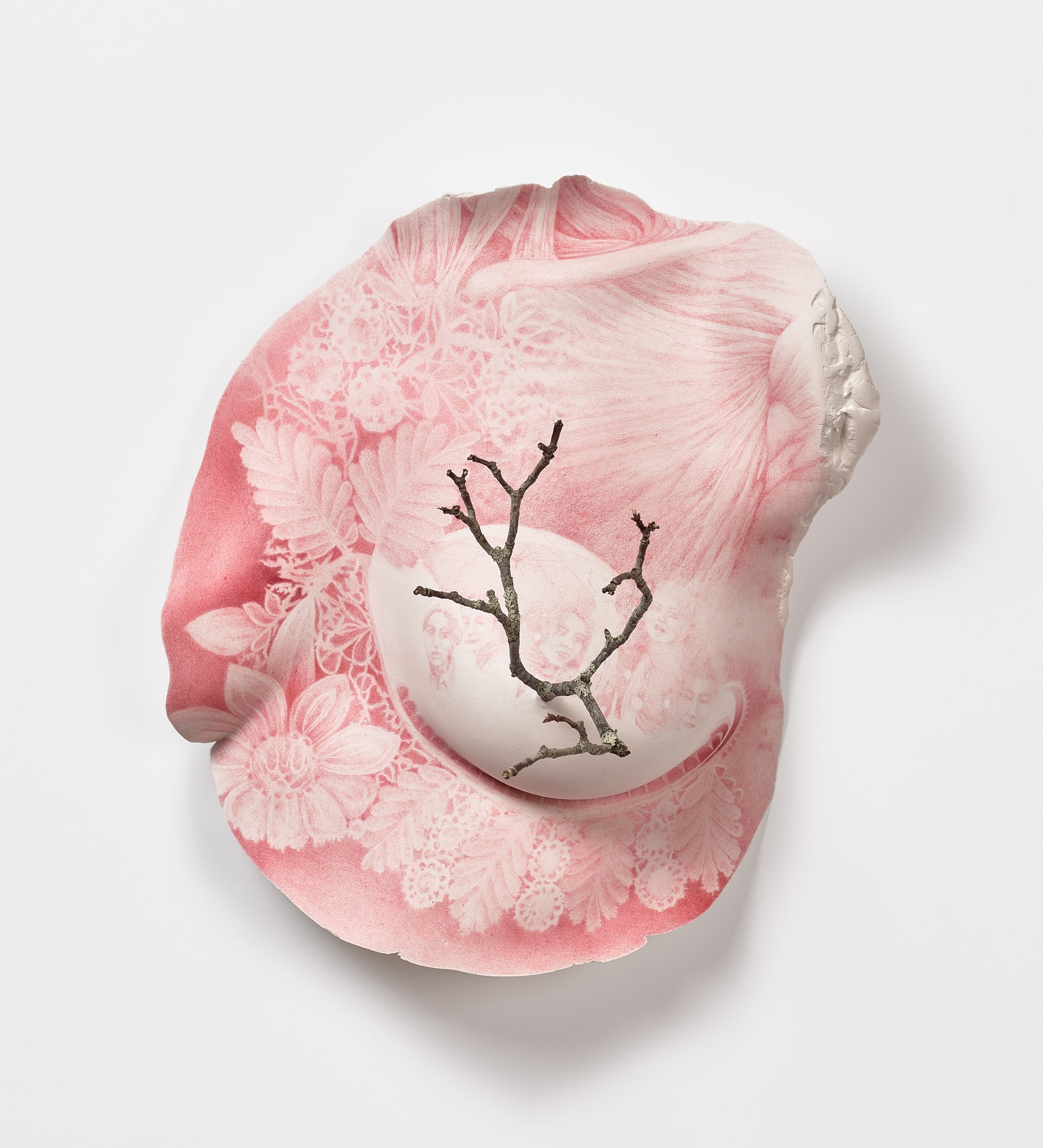 Inspired by nature and referring to the concept of nurturing through both mother earth and a woman breastfeeding, I have combined branch of a tree in this body cast. The body cycles here between the illusionary and the real, the artificial and natural, carrying its disruptive iconography along with it. The image drawn on the breast is based on a photograph of women’s march for their freedom after the 1979 Islamic revolution in Iran.