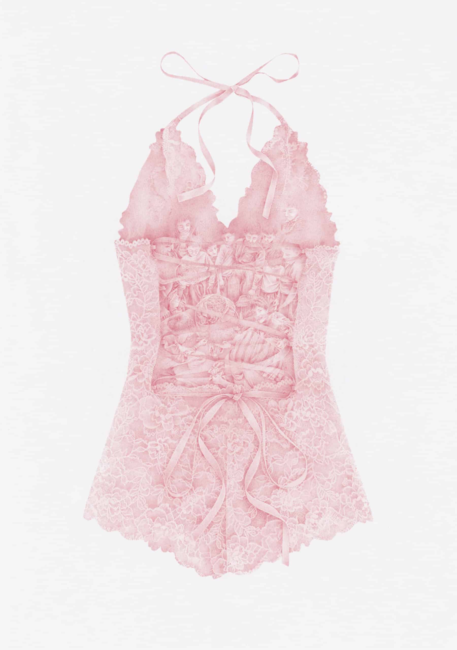The contrast between stereotypically feminine and masculine qualities in my work confronts the dualities of power and vulnerability, Orientalism and feminism, political rhetoric and actual lived experience. The drawing depicts a group of young boys playing and gambling on a bodysuit and it comes with this quote from me “These boys are too noisy and, secretly, betting on my lacy fabric. So I strangled them with pink ribbons and promised them a lollipop in exchange for their money.”