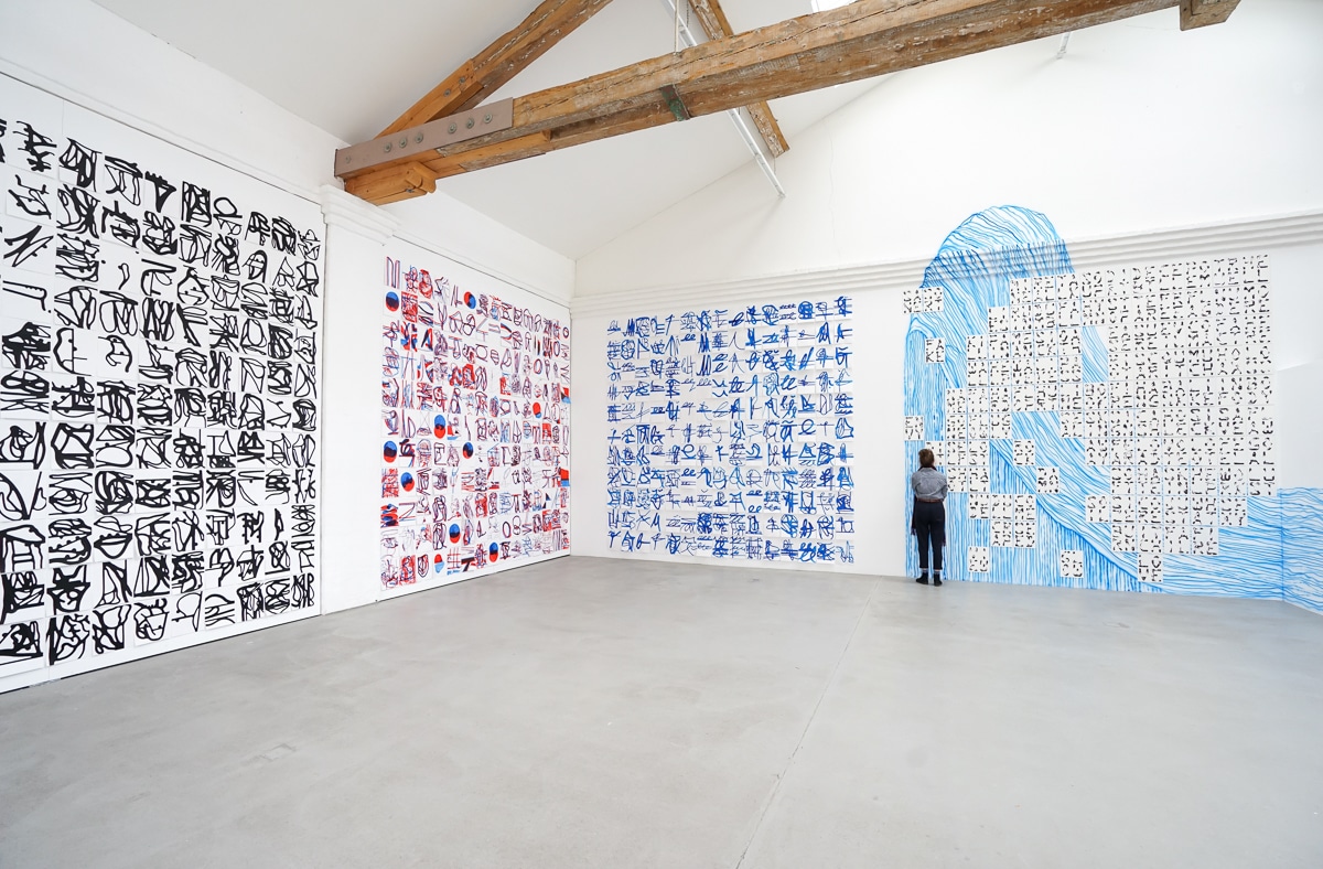 POLYGRAPH 2021 drawing:installation 4 blocks of drawings, 165 single drawings Vol.19:POLYGRAPH S, Vol.20:POLYGRAPH RB Vol.21:POLYGRAPH B, Vol.22:POLYGRAPH WORD walldrawings single works ink on paper, ink on wall, acrylic on aluminium plates charcoal on paper, acrylic on paper