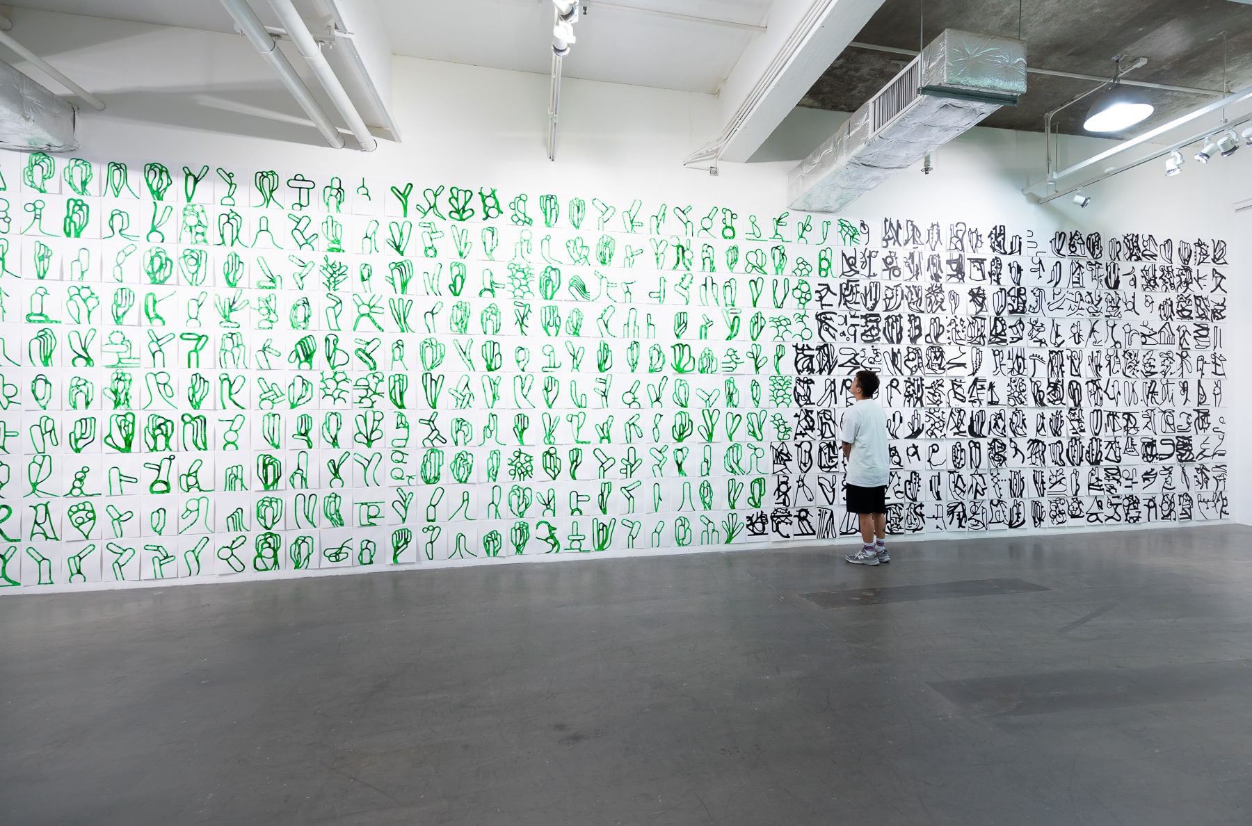 RESIS 2023 exhibition: TO PAINT THE WRITTEN WORLD together with Kurt Chan ink on paper, single drawings pigment on canvas, charcoal on paper, monotypes on paper, wall drawing