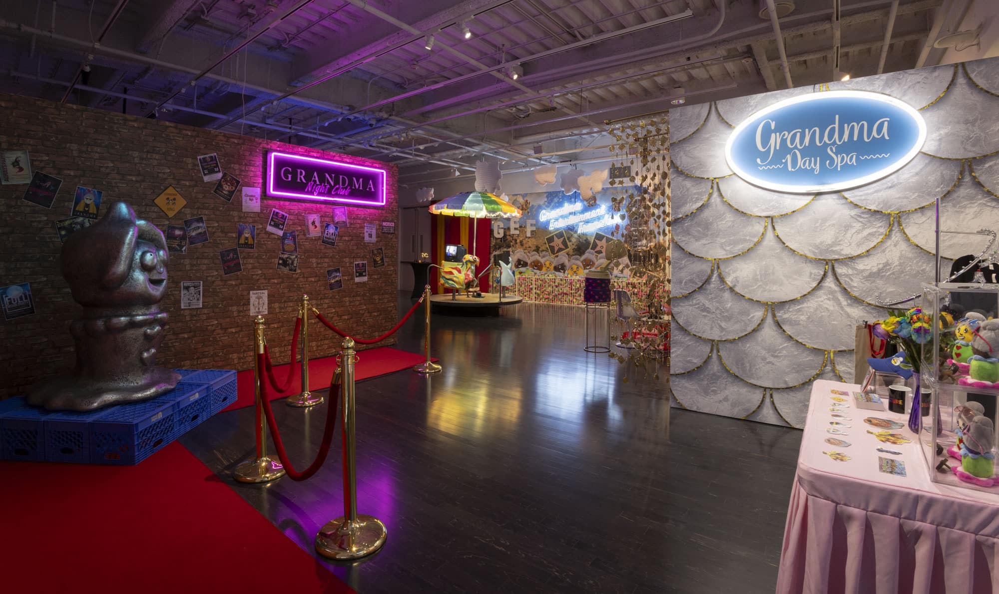 Grandma Entertainment Franchise (GEF)” brings together three immersive installations produced over the last three years: Grandma Day Spa, Grandma Nightclub, and Grandma Amusement Park. These three distinct but interconnected installations, composed of my video and sculptural work, satirically reproduce public sites of leisure, re-imagined with grandmothers as their target demographic. “Grandma Entertainment Franchise” stems from my reflections on my own grandmother, or obaa-chan (“grandmother” in Japanese), who came to live with my family when the I was nine years old. My memories of my obaa-chan open a searing, tragicomic inquiry into society’s obsession with youth and innovation, as evident in the outsourcing of elderly care, urban redevelopment and disinvestment, marketing demographics, and our notions of desirability, success, and the good life. This was at the Vincent Price Art Museum (VPAM) in Monterey Park, California.