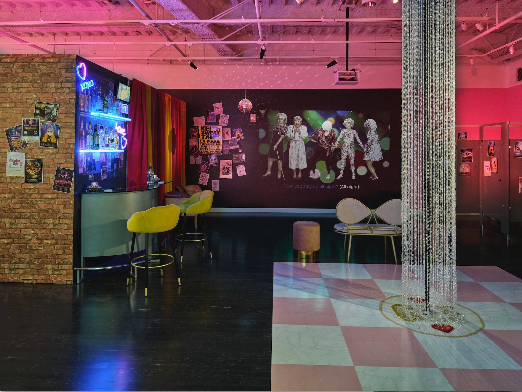 The “Grandma Nightclub” and “Grandma Nightclub Music Video” (projected on the wall) celebrates and honors the senior populations & the activities not typically associated with them. I assume the role of five dancing grandmas with the up-tempo and sexual nature of the songs to bring attention to the vitality of the elderly, speaking of ageism embedded in systems of capitalism and entertainment.