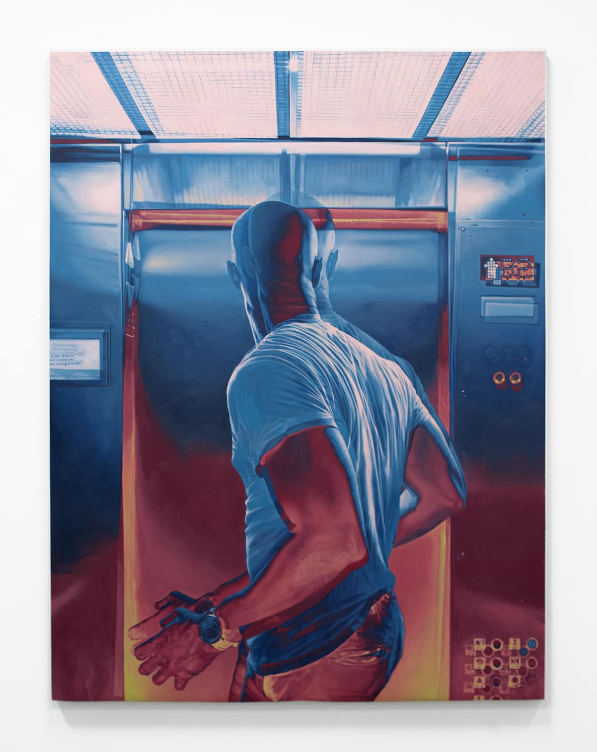 Painting of a dream the artist had years ago wherein he was trapped in a seemingly broken elevator that would not stop ascending.