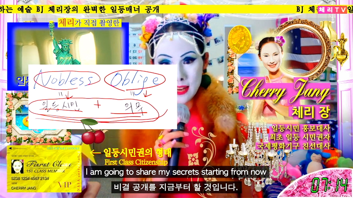 Image of a text advertisement in Korean for a video series by BJ Cherry Jang. The text mentions "perfect manners," "first-class citizen," "duty," "international peace organization goodwill ambassador," "VIP," and "secrets."