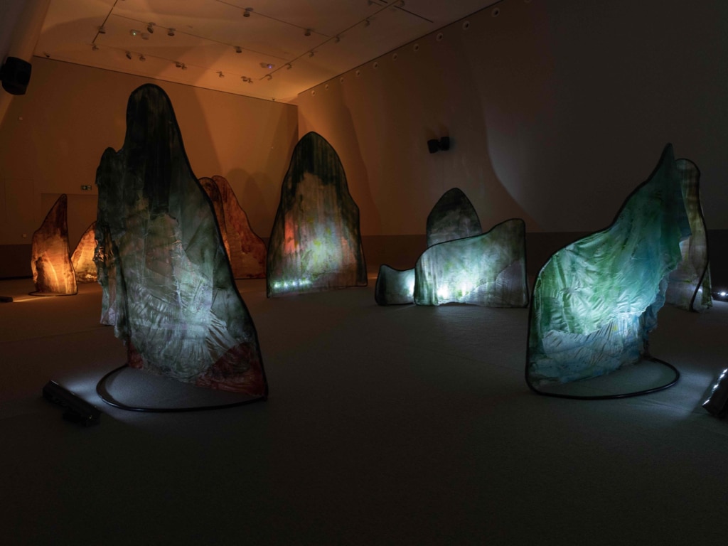 16 Agar(red algae) sheets stretched on 16 steel frames, a 38 min soundtrack and light sequence played in a loop.