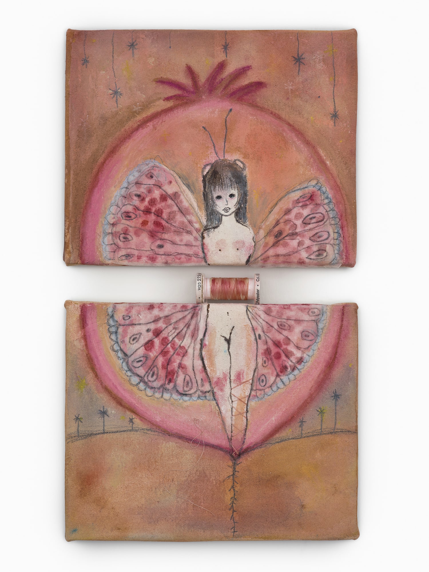 Diptych painting of a female figure with butterfly wings, framed by a pomegranate-like form, stitched across the two canvases.
