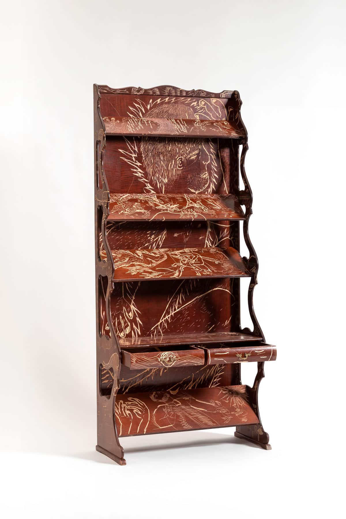 This piece is part of the research I conducted during my last residency at Collegium (Arévalo, Spain) and originates from a found object: a bookshelf with slippery shelves that, due to strange angles, deny its original functionality. On its surface, sgraffito lines narrate the dreams and desires of a young Saint Ignatius, fictionalized to explore the similarity between childhood desires and historical legacies. The work reflects on the tension between the everyday and the monumental in history, challenging the rigidity of traditional form and narrative.