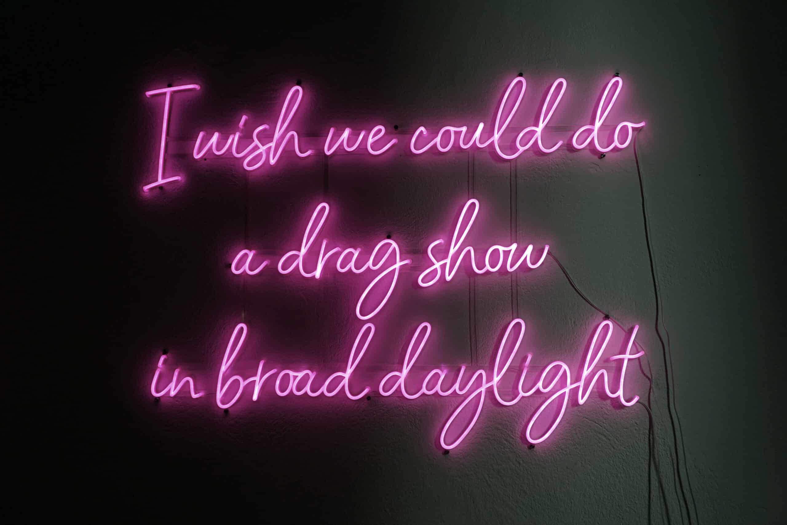 Pink neon in three lines: I wish we could do a drag show in broad daylight
