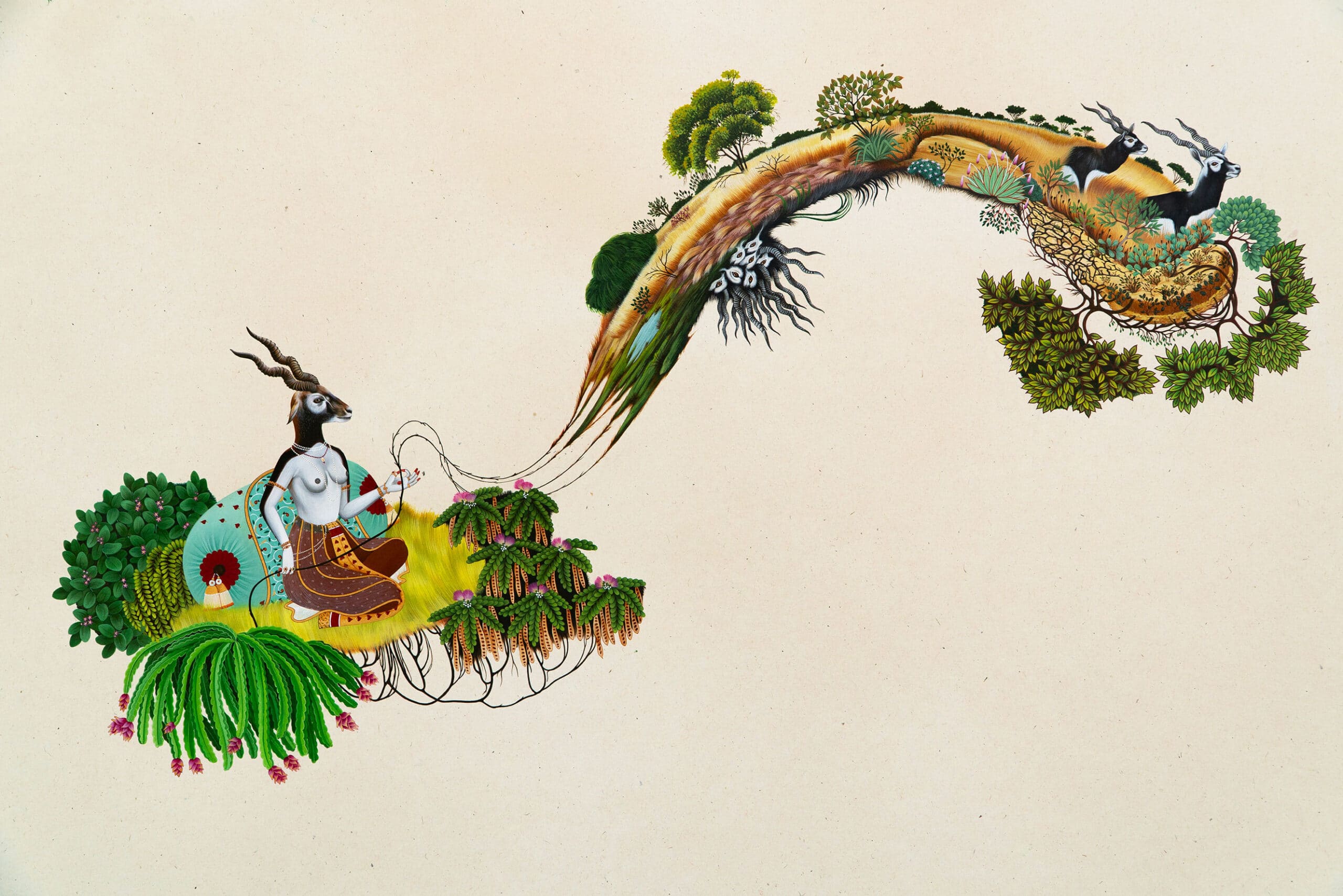 In this painting, a Chthonic Being emerges through the hybrid form of a Yogini embodying the spirit of the endangered blackbuck - a graceful and endangered antelope, embodying both vulnerability and strength. She rides a chariot not made of metal or stone, but of living plants, which takes reference from calotropis gigantea(akk in hindi), dragonfruit vines, acacia, and wild grasses. These are plants rooted in resilience, survival, and connection to arid landscapes. Held in her hands are the exposed roots of a vast and fragile ecosystem. From these roots unfold scenes of cracked desert soil, a blackbuck pair, a waterbody, grasslands, mangrove trees and acacia trees amongst others—echoing the diverse and fragile ecologies of Kutch, one of the regions inhabited by Blackbucks. Rather than presiding over nature from above, this Chthonic Being carries the land with her, nurturing and protecting it as an extension of herself. This work reimagines myth as a living force for ecological justice. It challenges human-centered hierarchies and imagines a world where plants, animals, and landscapes are active participants in their own futures. The painting becomes a call to listen—to the roots, to the soil, and to the forgotten voices of the wild.