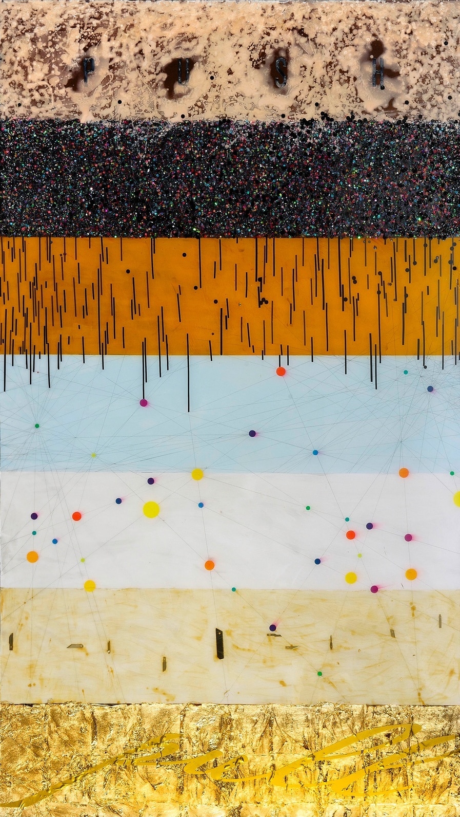 Greatest Hits: Compilation Vol. 1 reflects the journey of release and renewal. Layered with diverse materials - wax, glitter, pencil, gold leaf; it embodies duality, transformation, and self-reflection. The work marks Lam’s shift from control to surrender, exploring beauty, ego, and humanity’s fragility through material and conceptual experimentation.