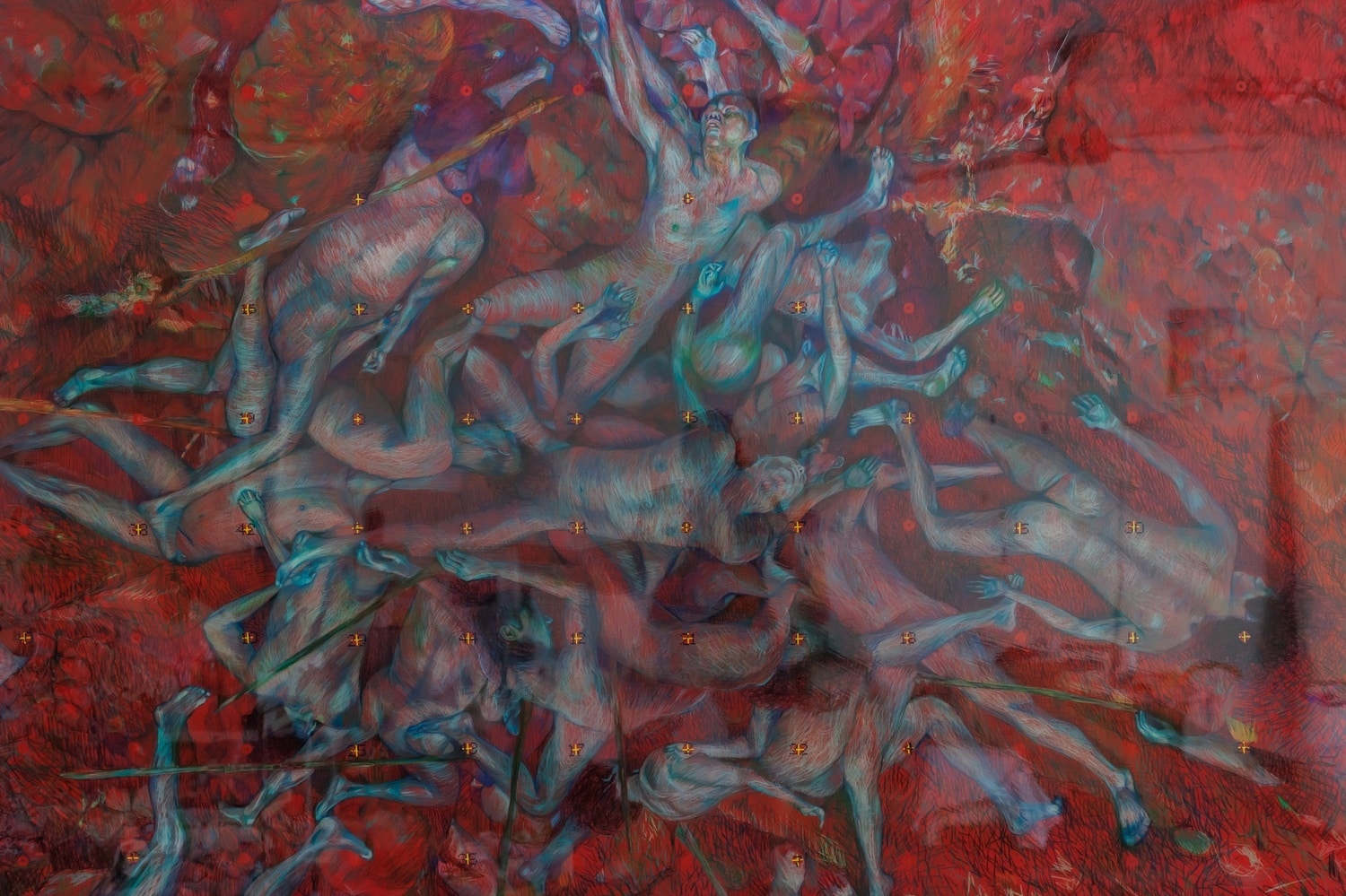 ament of the Fallen confronts the anguish of global conflict through visceral imagery and symbolic red tones. Layered with crosshair motifs and echoes of past battles, the work reflects on war’s dehumanisation, the cycles of destruction, and humanity’s fragile persistence amid violence and loss.