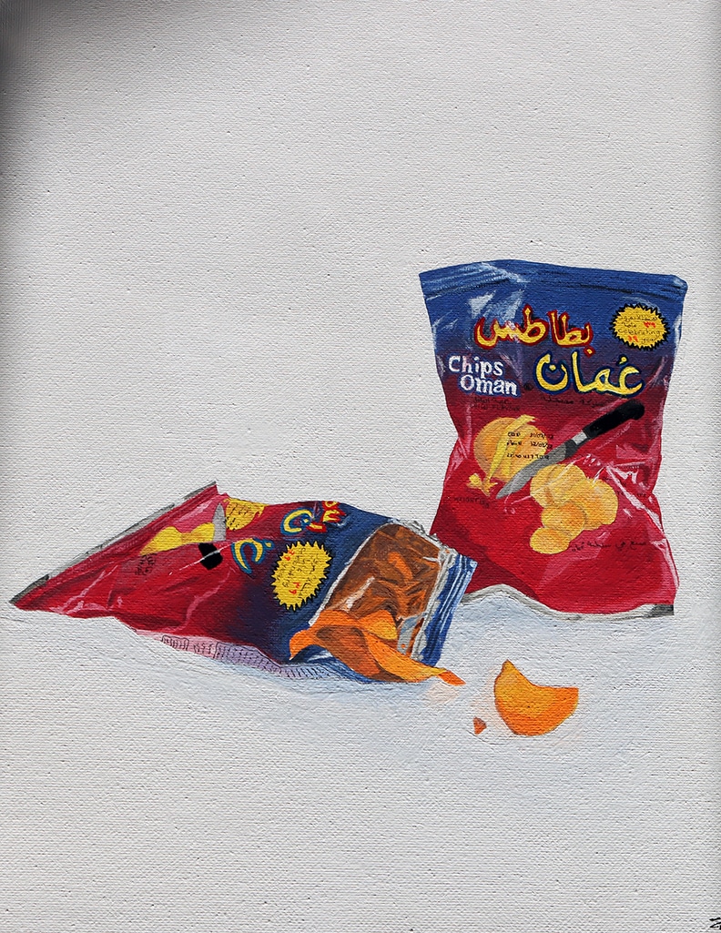 A simple still-life painting of two traditional Middle Eastern chip bags, one opened and one closed, capturing everyday life.