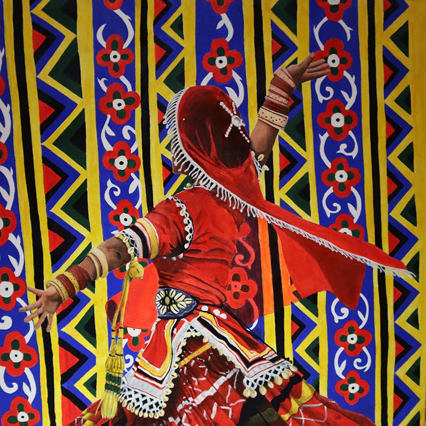 A woman wearing a vibrant red traditional South Asian dress dances gracefully, set against a colorful patterned background that enhances the movement and energy of her performance.
