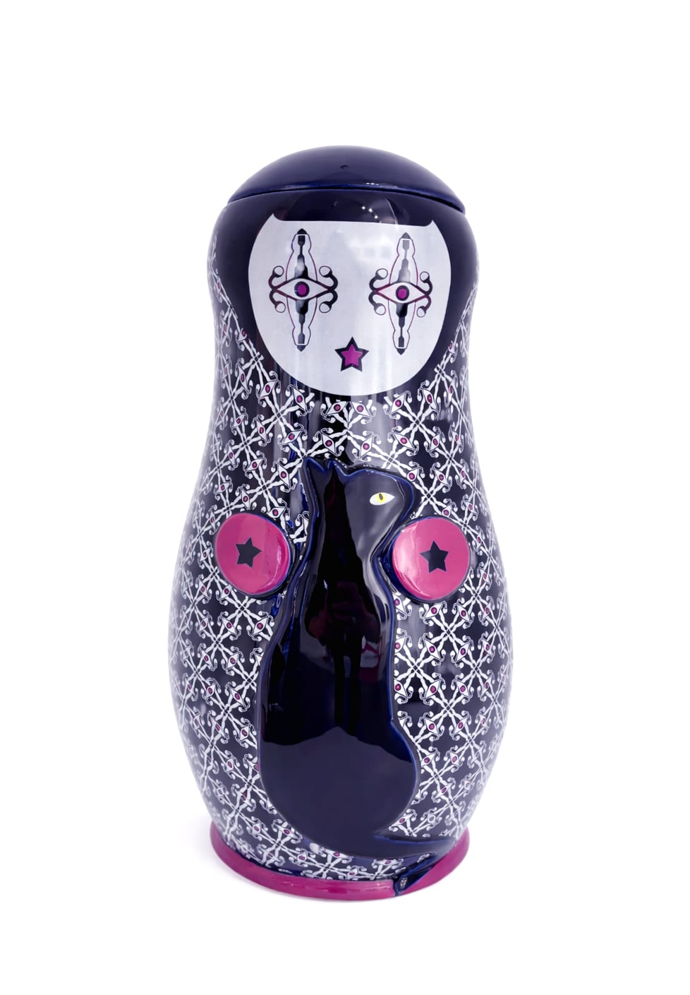 Ketrioska arises at the intersection of tradition and contemporary reflection, merging popular culture with explorations of female identity. Inspired by Russian matryoshkas, ancestral symbols of maternity and generational continuity, the work reimagines the contemporary woman as autonomous, creative, and self-determining. No longer defined solely by biological or socially prescribed roles, the female figure asserts herself as a free agent, capable of constructing and shaping her own identity. The surface of the sculpture is adorned with Ketra’s Utereyes motif, celebrating femininity as a source of strength, awareness, and potential, far from any constraints or limitations. Functioning both as vessel and symbol, Ketrioska can hold flowers, jewelry, or other personal objects, embodying the idea of what is chosen to be treasured and protected. As a conceptual sculpture, it invites reflection on multiplicity of identity and self-definition, proposing a visual language of female autonomy, transformation, and continual reinvention. Ketrioska stands as an emblem of a fluid, dynamic, and empowered femininity